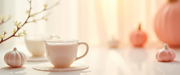 Poster - A cup of milk on a white table with pumpkins in the background