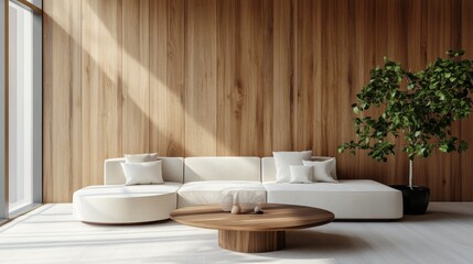 Poster - Minimalist Living Room. Natural Wood Coffee Table by White Sofa and Wooden Paneling