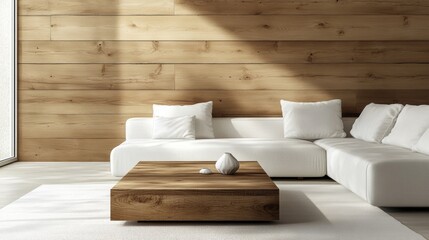 Poster - Minimalist Living Room. Natural Wood Coffee Table by White Sofa and Wooden Paneling