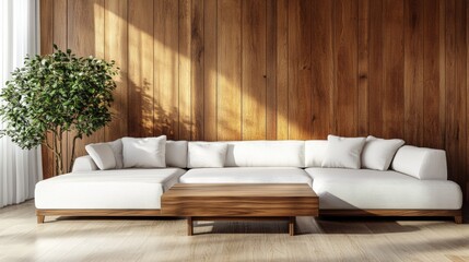 Poster - Minimalist Living Room. Natural Wood Coffee Table by White Sofa and Wooden Paneling
