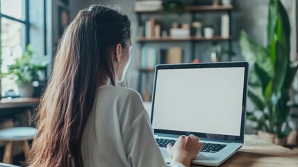 Poster - Young Woman Using Laptop at Home. Blank Screen Mockup for Freelance and Online Activities