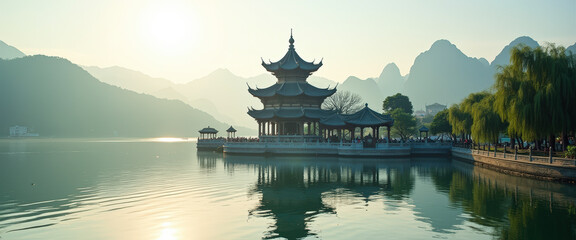 Wall Mural - Ancient Chinese Pagoda Reflecting in Tranquil Lake at Sunset