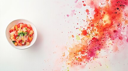 A bowl of chopped fruit with white sesame seeds and green onions is on a white background with colorful watercolor splatters.