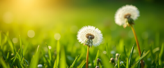 Wall Mural - Dandelion Seeds in a Lush Green Meadow