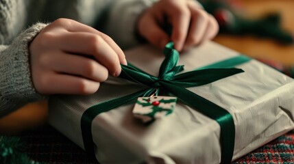 A close-up of hands wrapping a Christmas present with green ribbon and a festive gift tag