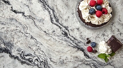 Wall Mural - A chocolate cake with whipped cream and fresh raspberries and blueberries on a marble countertop.