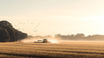 Wall Mural - A tranquil wheat field being harvested under a clear, sunny sky
