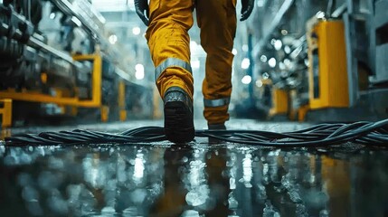 worker walking over scattered cables on wet factory floor creating unsafe conditions and tripping ha
