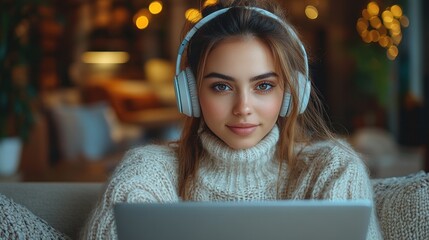 Woman with Headphones Looking at Laptop