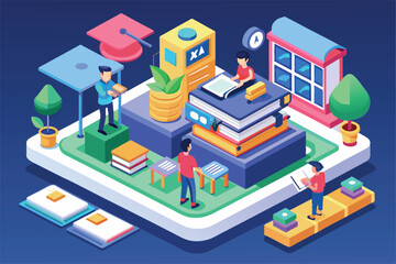 Poster - a vibrant study space featuring a customizable course app with learners engaging, surrounded by book