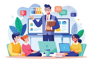 Poster - A teacher conducts an interactive online master class on internet skills, with students engaged in learning through laptops and digital tools.