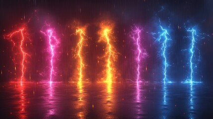 Wall Mural - Neon Lightning Bolts in a Dark, Rainy Night