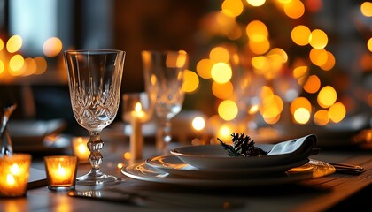 Wall Mural - Elegant Table Setting Surrounded by Enchanting Bokeh Lights