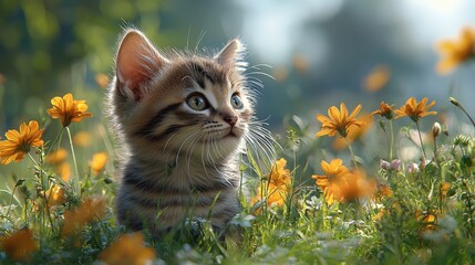 A lively tabby kitten with striking green eyes navigates through a field filled with bright yellow flowers under the warm sun, embodying pure curiosity and joy