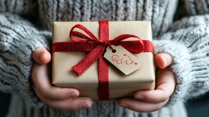 A close-up of hands red silk shirt a Christmas present with red ribbon and a festive gift tag