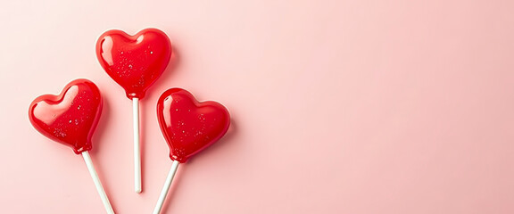 Canvas Print - Red heart-shaped lollipops on a pink background