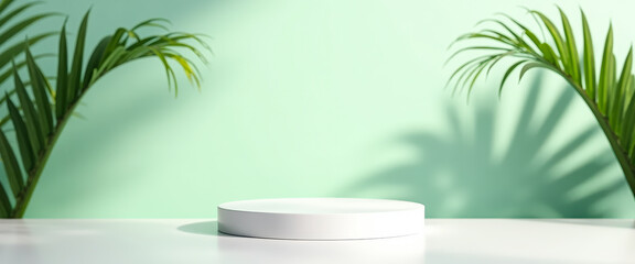 Wall Mural - Minimalist White Cylinder Product Display Platform with Green Background and Palm Leaf Shadows