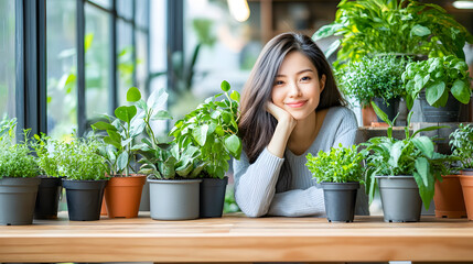 Young Woman Enjoying Indoor Plants and Nature