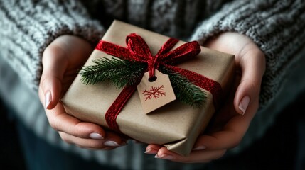 A close-up of hands red silk shirt a Christmas present with red ribbon and a festive gift tag