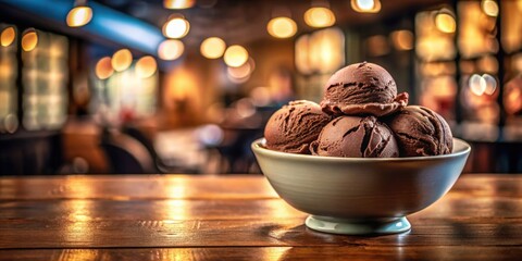 Delicious chocolate ice cream in a bowl on a restaurant table with a blurred background, dessert, sweet, creamy, cold