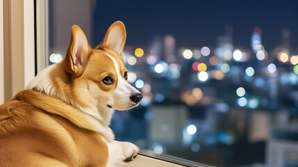 Rearview of dog sitting near the window, looking at cityscape, night lights on city skyscraper buildings outside, copy space. Pet animal at evening in home or house apartment room, lonely sad, waiting