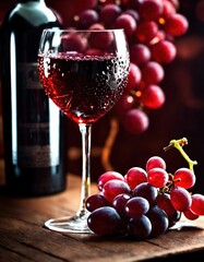 Red wine with grapes on a dark background. Selective focus. ai generative