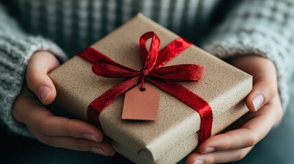 A close-up of hands red silk shirt a Christmas present with red ribbon and a festive gift tag