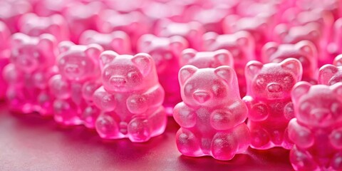 Wall Mural - Close-up of pink gummy bears on a pink background, gummy bears, candy, sweets, pink, close-up, isolated, vibrant, snack