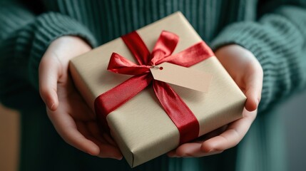 A close-up of hands green silk shirt a Christmas present with red ribbon and a festive gift tag