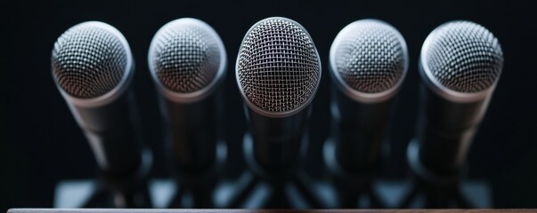 A close-up view of five professional microphones lined up, perfect for recording, broadcasting, or live performances.