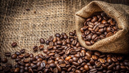 Wall Mural - Coffee beans spilling out of a burlap sack, coffee, beans, sack, spill, burlap, organic, aroma, caffeine, drink, brown