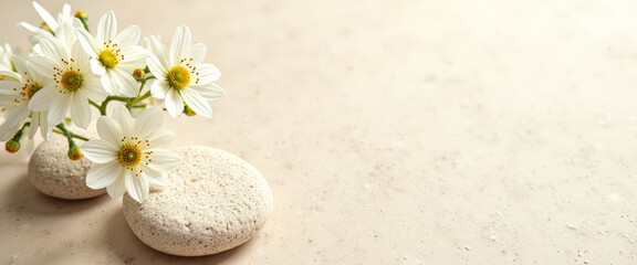 Wall Mural - White Flowers and Stones on a Beige Background