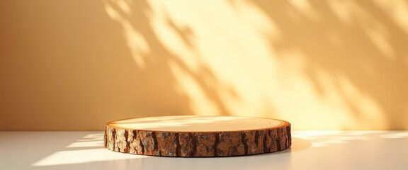 Poster - Wooden Round Slice on Beige Background with Light and Shadow