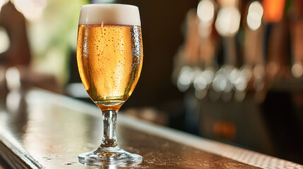 Glass of cold beer with condensation droplets sitting on a bar counter with blurred warm toned bokeh in the background