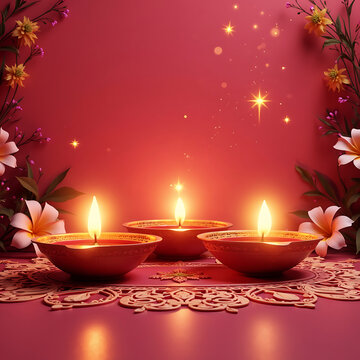 A beautifully rendered 3D illustration of a traditional Diwali diya (lamp) glowing on a soft pink background