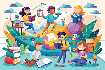 Poster - Children and characters interactively explore books and science experiments in a vibrant and imaginative educational space filled with creativity.