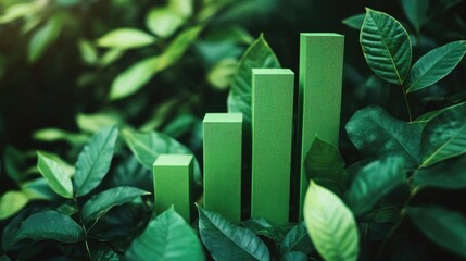 Aufkleber - A green bar graph against a backdrop of dense, healthy leaves, illustrating sustainable economic growth with an eco-friendly focus.