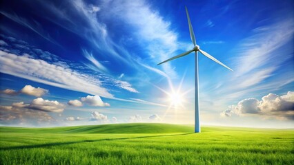 Abstract of a wind turbine generating green energy in a peaceful field under a blue sky , wind turbine, power