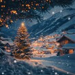 © Zeljko - **photo of a a small village in the valley of the hill, snow is falling Christmas,Christmas background. Xmas tree with snow decorated with garland lights, moonlihght, cinematic, relistic, light,backgr