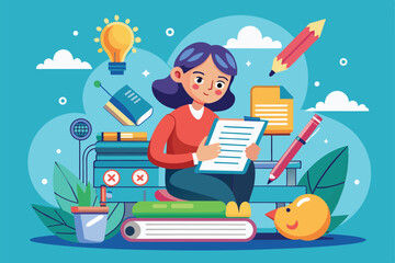 Poster - A girl sits on stacked books, reading intently, while colorful school supplies and creative elements surround her in a bright, inviting setting.