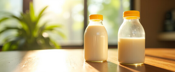 Wall Mural - Two Glass Bottles of Milk on a Wooden Table