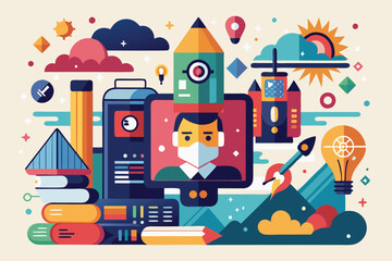 Poster - a unique, colorful depiction of a person engaged in creative activities amidst various symbols of in