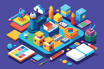 Poster - A vibrant workspace filled with various art supplies, tools, and accessories showcases creativity in a modern design setup.