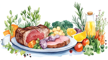 Watercolor Illustration of Delicious Food on a Plate, Yummy Food Concept