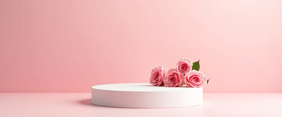 Canvas Print - Pink Roses and a White Pedestal on a Pink Background