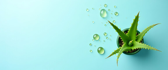 Poster - Aloe Vera Plant with Water Drops on a Blue Background