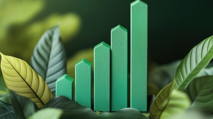 Close-up of a rising green bar graph among vivid leaves, representing positive economic growth in harmony with nature.