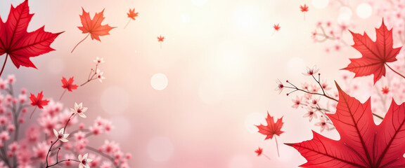 Wall Mural - Abstract Floral Background with Red Maple Leaves and Delicate Pink Blossoms