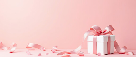 Wall Mural - Pink Gift Box with Ribbon on a Pink Background