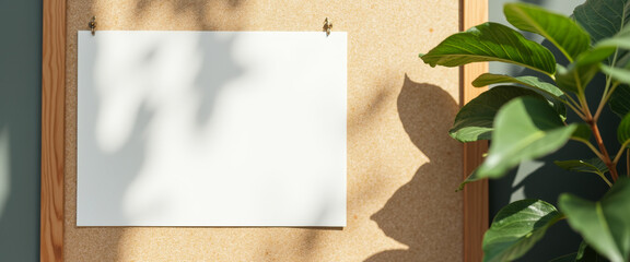 Wall Mural - Blank Paper Mockup on Corkboard with Green Leaves